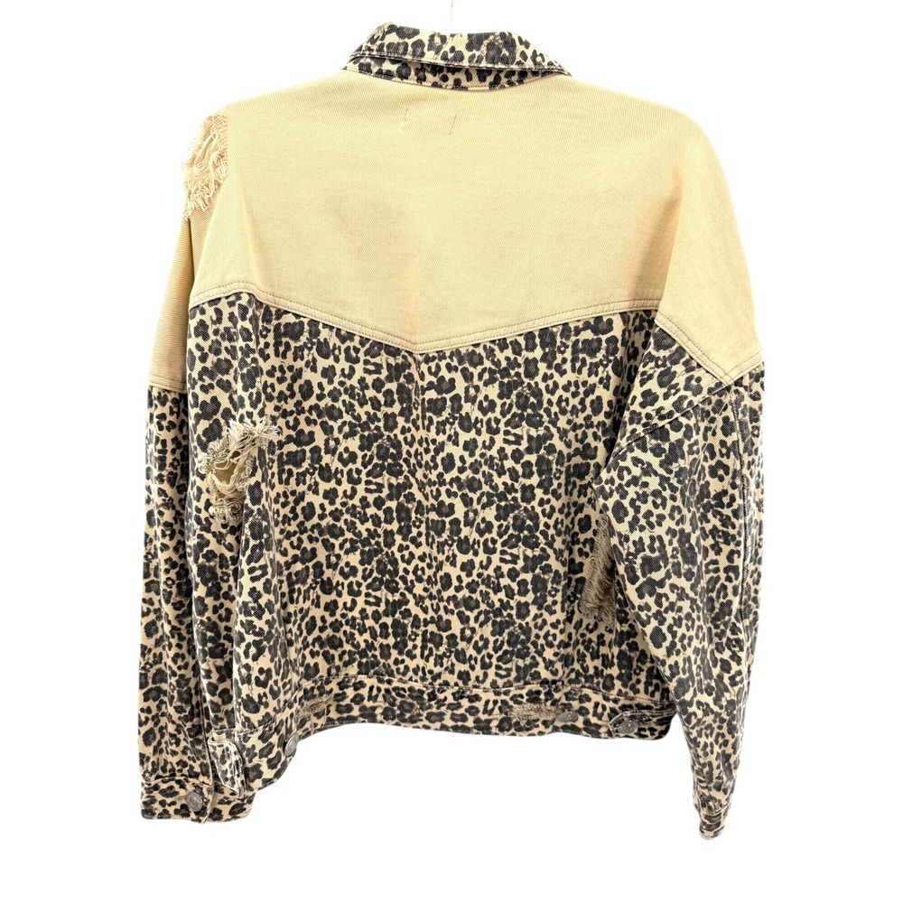 POL Leopard Print Distressed Denim Jacket‎ Tan Colorblock Oversized S Western - Picture 8 of 8